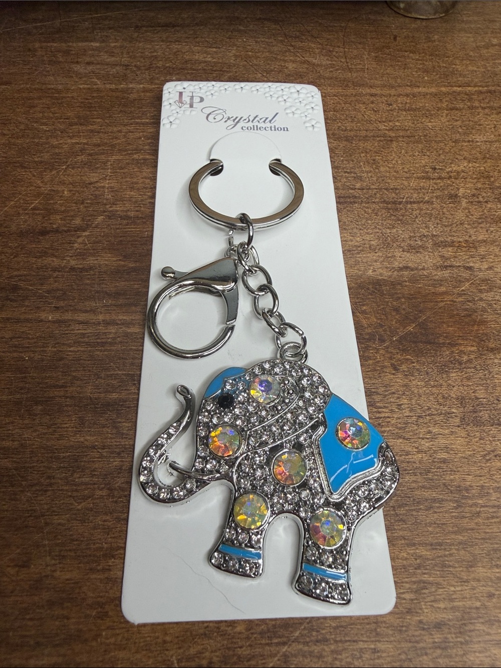 Rhinestone Blue Elephant Keychain - Silver tone